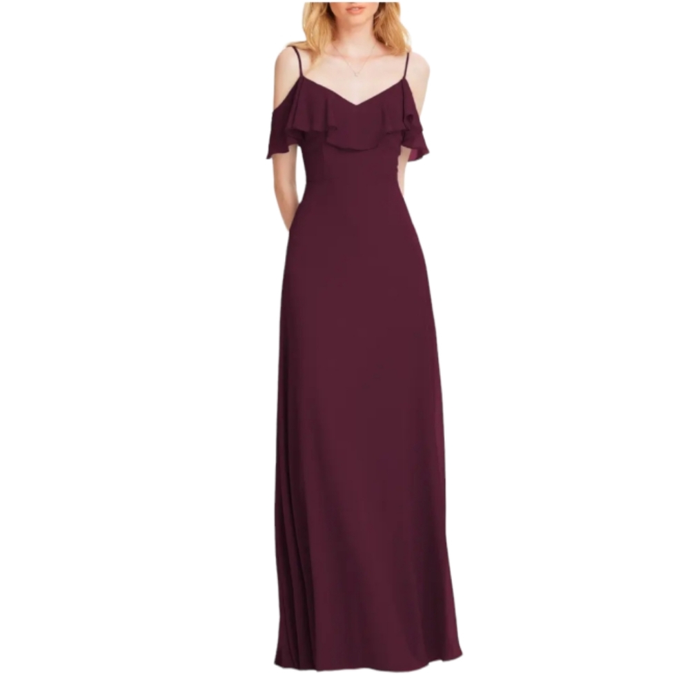 🆕️ Bill Levkoff Wine Ruffle Shoulder Chiffon Gown